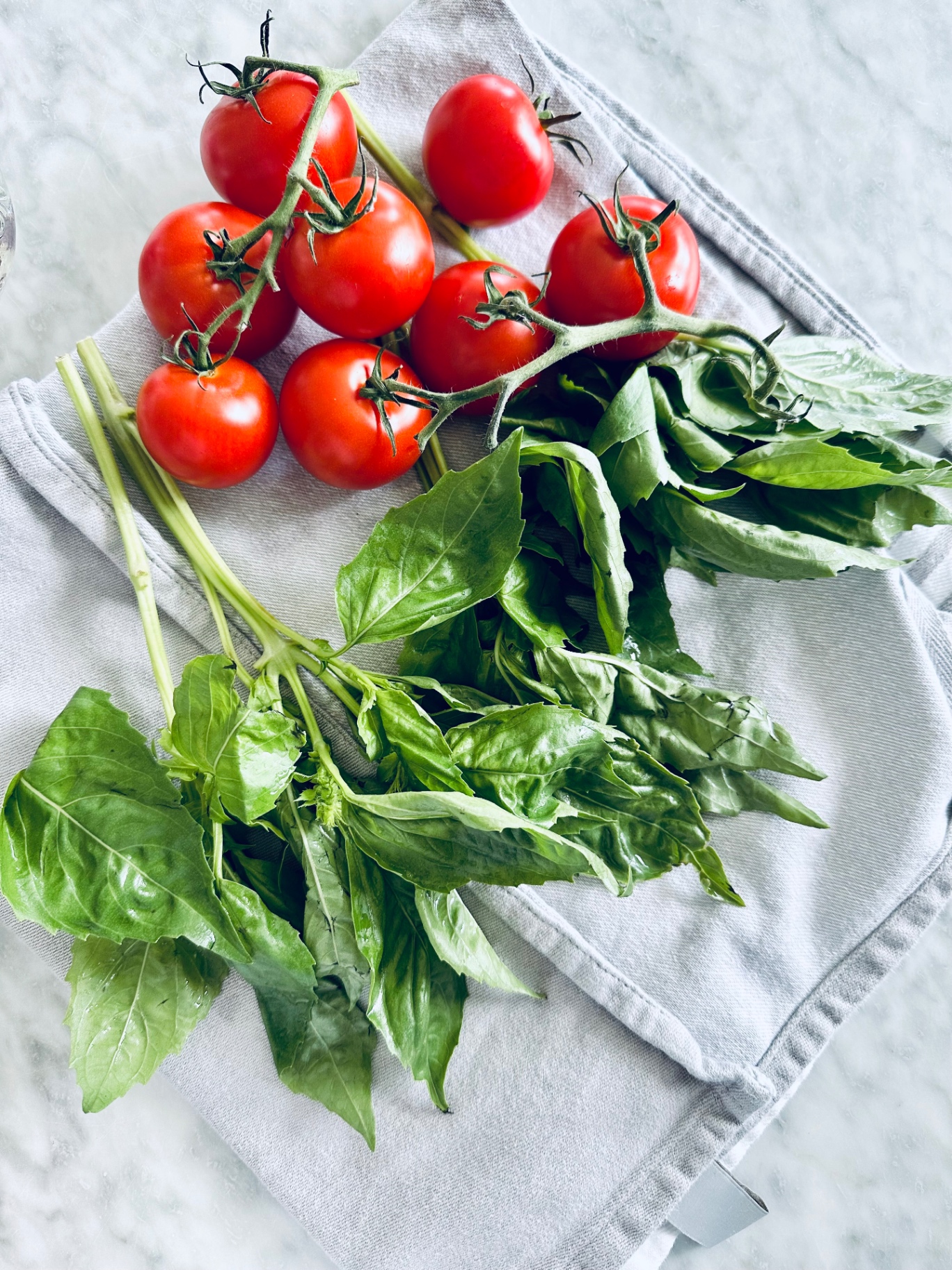 Vine ripened tomatoes and a bunch of fresh basil on a folded linen napkin over marble